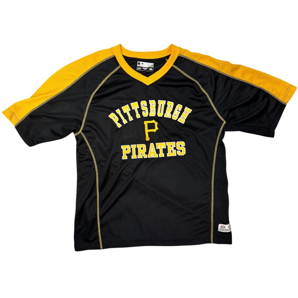 True Fan Pittsburgh Pirates MLB Jersey XL Black Gold Stitched‎ Logo V-Neck Mesh